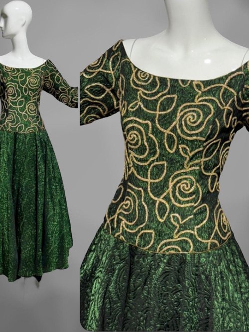 TERENCE NOLDER 1980s vintage evening dress ball gown, Deep green and gold