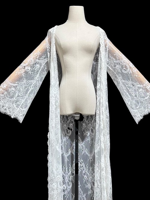 JONQUIL sheer white lace robe, see through feather weight white dressing gown, Wrap front with bell sleeves