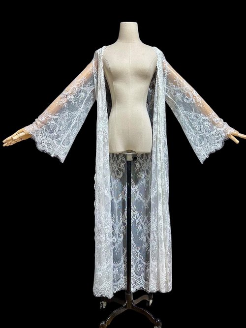 JONQUIL sheer white lace robe, see through feather weight white dressing gown, Wrap front with bell sleeves