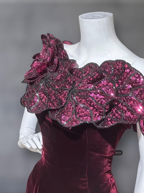 EUGENE ALEXANDER 1980s vintage evening gown, burgundy velvet sheath with HUGE Sequin Flowers