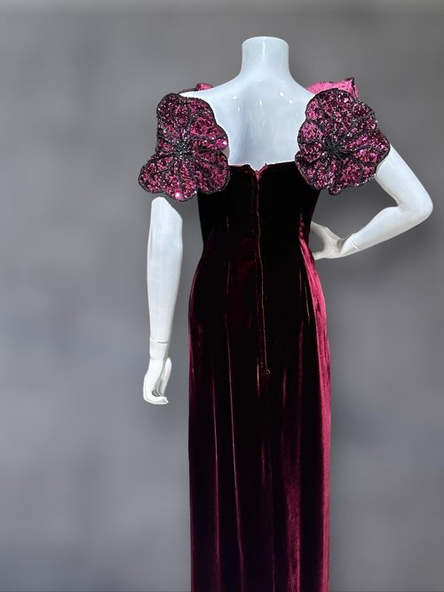 EUGENE ALEXANDER 1980s vintage evening gown, burgundy velvet sheath with HUGE Sequin Flowers