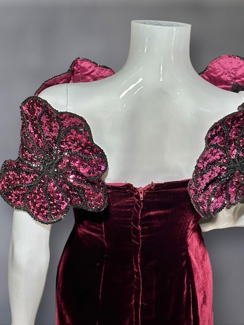 EUGENE ALEXANDER 1980s vintage evening gown, burgundy velvet sheath with HUGE Sequin Flowers