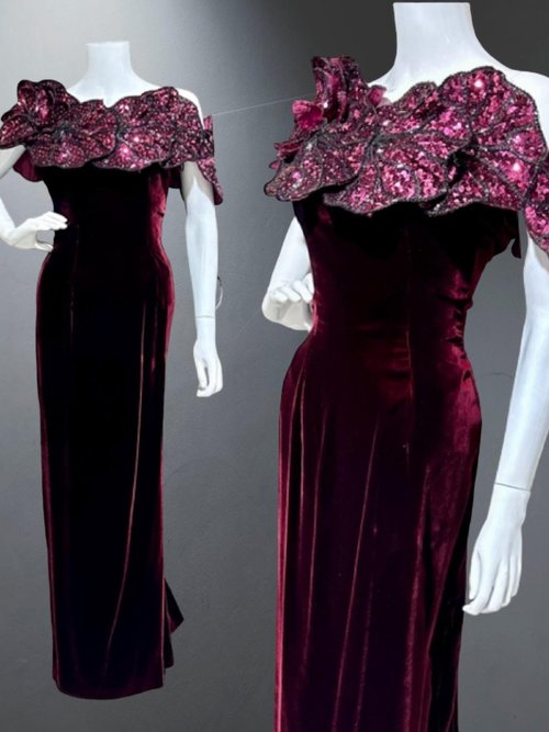 EUGENE ALEXANDER 1980s vintage evening gown, burgundy velvet sheath with HUGE Sequin Flowers