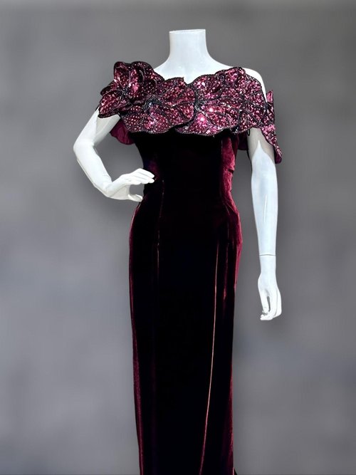 EUGENE ALEXANDER 1980s vintage evening gown, burgundy velvet sheath prom party cocktail dress, HUGE Sequin Flowers, off shoulders