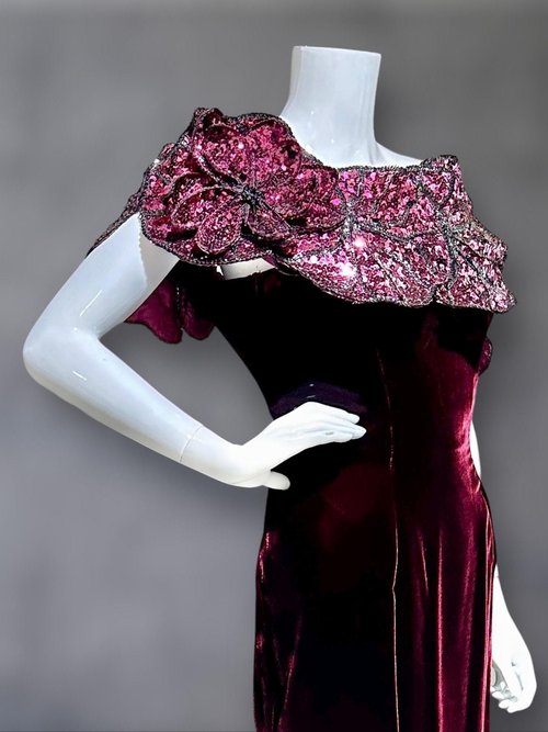 EUGENE ALEXANDER 1980s vintage evening gown, burgundy velvet sheath with HUGE Sequin Flowers