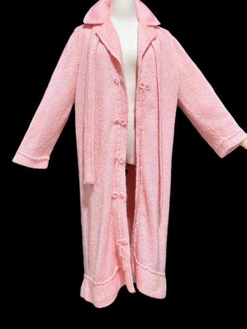 1960s vintage pink mohair coat, Mid Century stroller length open front coat with belt, medium