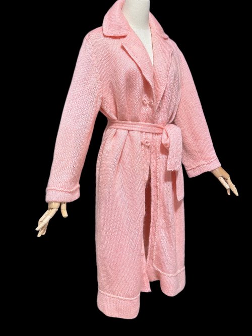 1960s vintage pink mohair coat, Mid Century stroller length open front coat with belt, medium