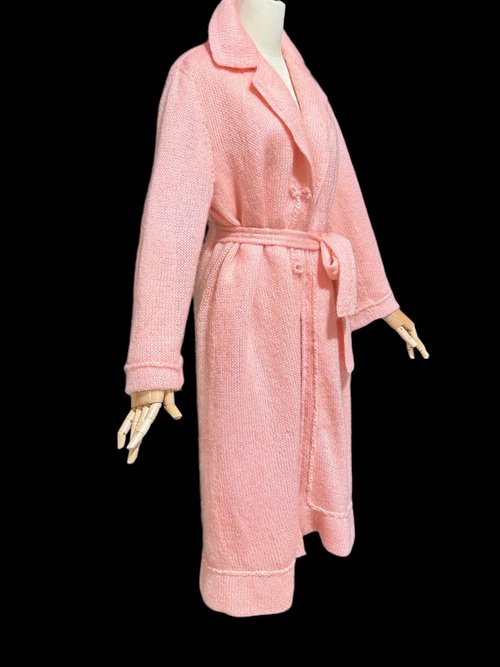 1960s vintage pink mohair coat, Mid Century stroller length open front coat with belt, medium