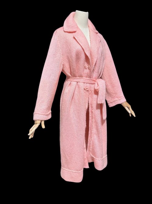 1960s vintage pink mohair coat, Mid Century stroller length open front coat with belt, medium