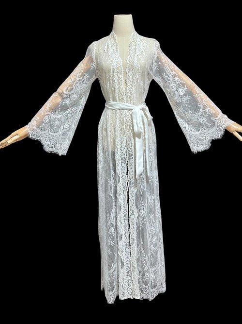 JONQUIL sheer white lace robe, see through feather weight white dressing gown, Wrap front with bell sleeves