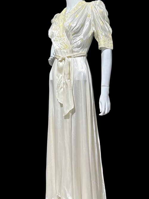 1940s vintage dressing gown, shiny silky white satin and yellow embroidery peignoir housecoat