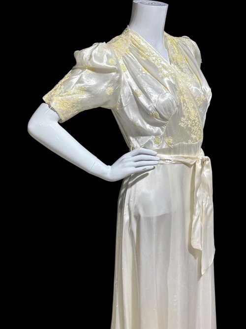 1940s vintage dressing gown, shiny silky white satin and yellow embroidery peignoir housecoat