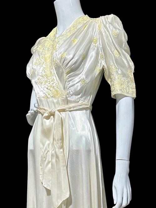 1940s vintage dressing gown, shiny silky white satin and yellow embroidery peignoir housecoat