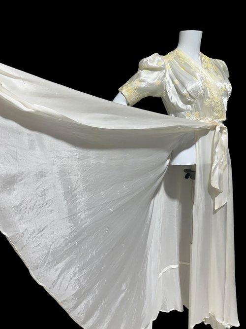 1940s vintage dressing gown, shiny silky white satin and yellow embroidery peignoir housecoat