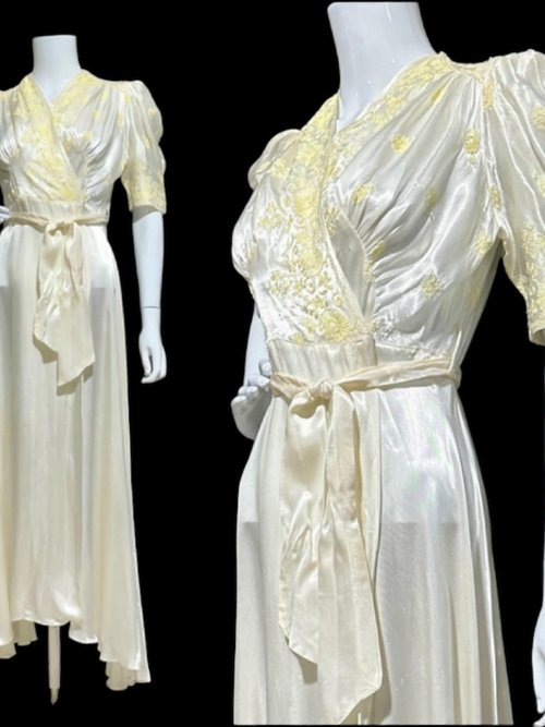 1940s vintage dressing gown, shiny silky white satin and yellow embroidery peignoir housecoat