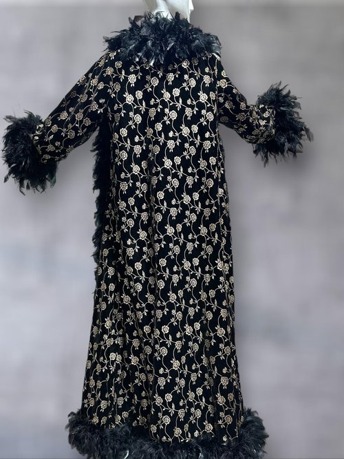 FREDERICK'S of HOLLYWOOD vintage Peignoir nightgown robe set, Black velvet gold roses and FEATHERS