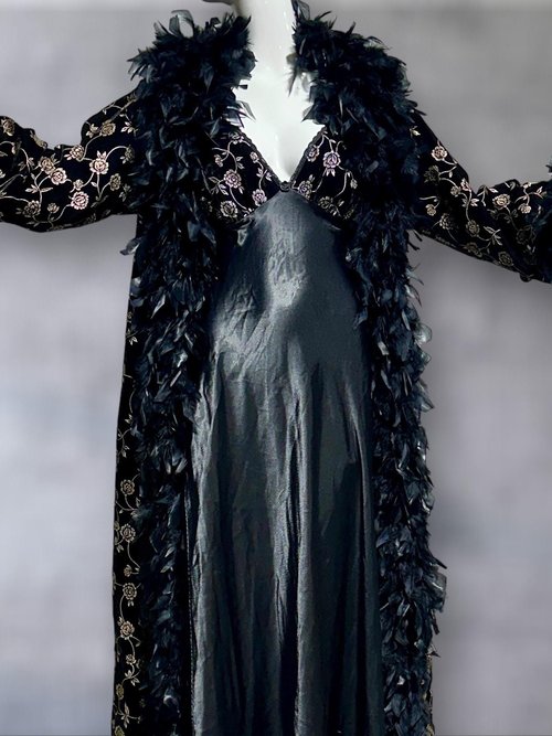 FREDERICK'S of HOLLYWOOD vintage Peignoir nightgown robe set, Black velvet gold roses and FEATHERS