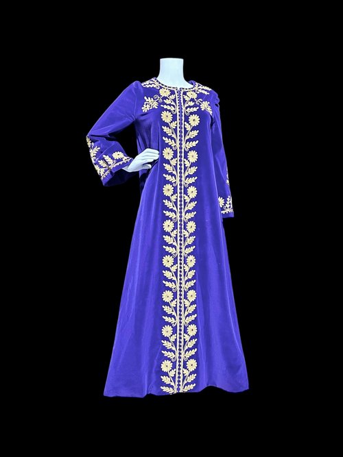 MALOUF Perfect Negligee, vintage evening gown, I. MAGNIN, Royal Purple velvet and gold metallic & rhinestones Kaftan