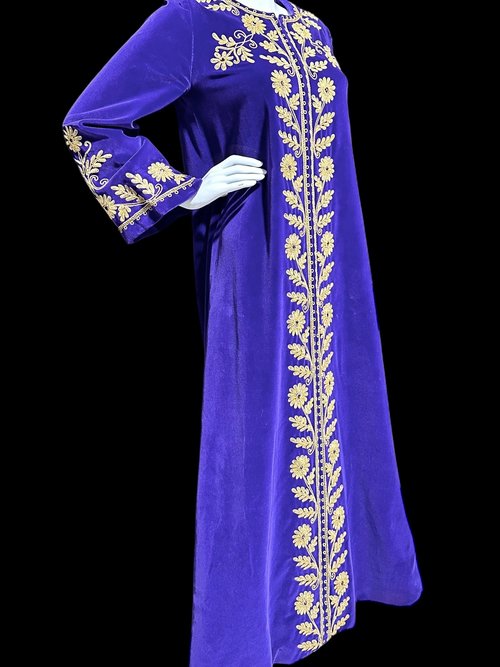 MALOUF Perfect Negligee, vintage evening gown, I. MAGNIN, Royal Purple velvet and gold metallic & rhinestones Kaftan