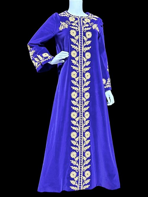 MALOUF Perfect Negligee, vintage evening gown, I. MAGNIN, Royal Purple velvet and gold metallic & rhinestones Kaftan