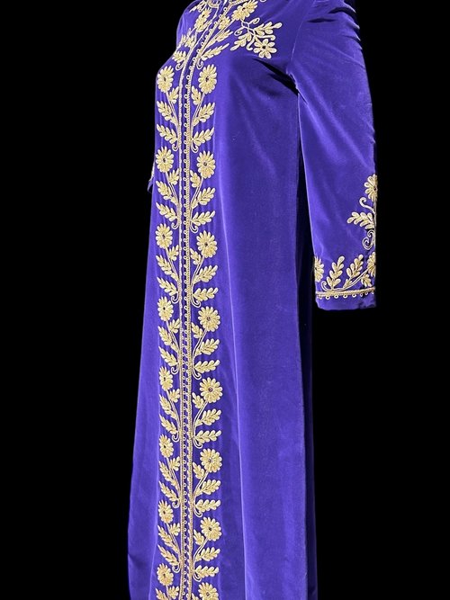 MALOUF Perfect Negligee, vintage evening gown, I. MAGNIN, Royal Purple velvet and gold metallic & rhinestones Kaftan