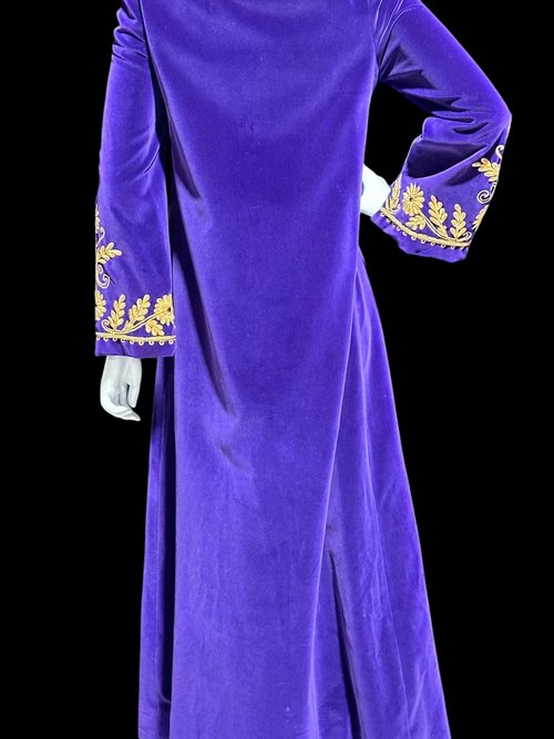 MALOUF Perfect Negligee, vintage evening gown, I. MAGNIN, Royal Purple velvet and gold metallic & rhinestones Kaftan