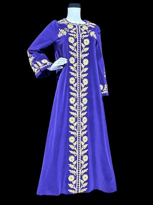 MALOUF Perfect Negligee, vintage evening gown, I. MAGNIN, Royal Purple velvet and gold metallic & rhinestones Kaftan