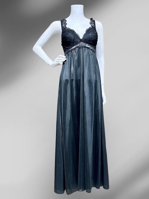 SCAASI vintage black nightgown robe peignoir 2 pc set, sheer dressing gown and slip dress