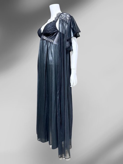 SCAASI vintage black nightgown robe peignoir 2 pc set, sheer dressing gown and slip dress