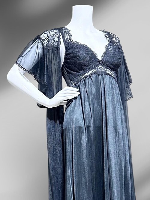 SCAASI vintage black nightgown robe peignoir 2 pc set, sheer dressing gown and slip dress