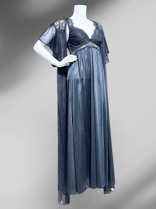 SCAASI vintage black nightgown robe peignoir 2 pc set, sheer dressing gown and slip dress