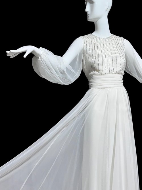 JACK BRYAN vintage evening dress, white chiffon beads and sequins, long sheer puffed sleeves, Palm Royale