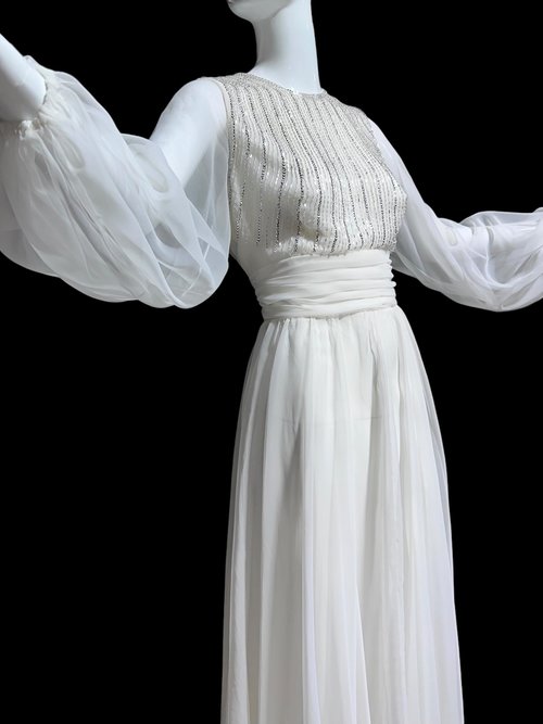 JACK BRYAN vintage evening dress, white chiffon beads and sequins, long sheer puffed sleeves, Palm Royale