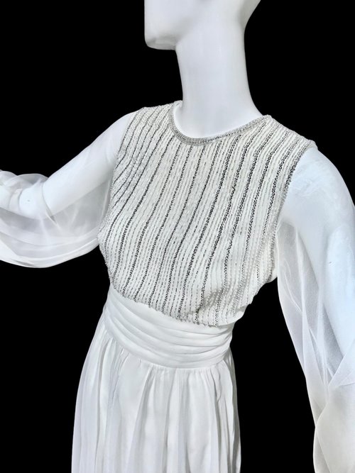 JACK BRYAN vintage evening dress, white chiffon beads and sequins, long sheer puffed sleeves, Palm Royale