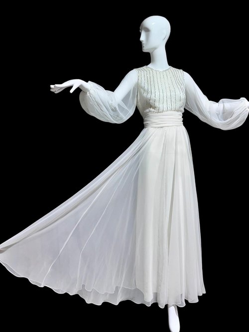 JACK BRYAN vintage evening dress, white chiffon beads and sequins, long sheer puffed sleeves, Palm Royale