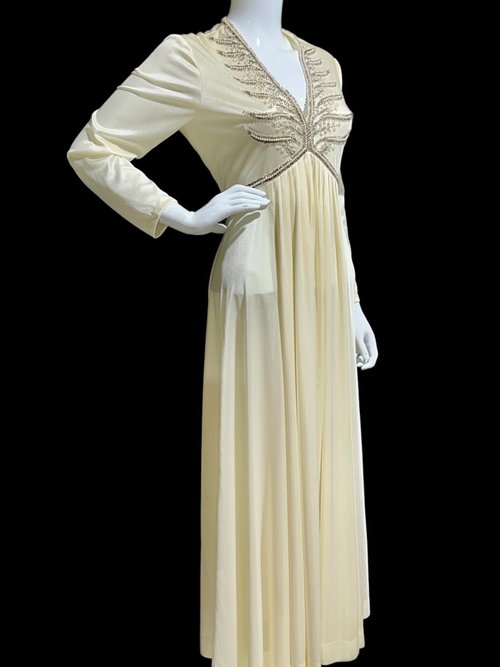 JACK BRYAN 1970s vintage evening gown, white jersey knit beaded maxi dress