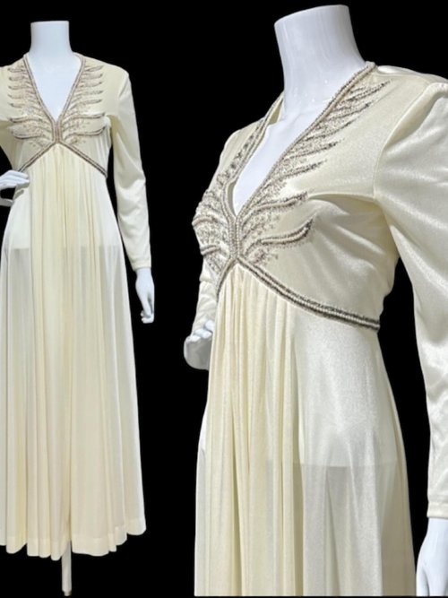 JACK BRYAN 1970s vintage evening gown, white jersey knit beaded maxi dress