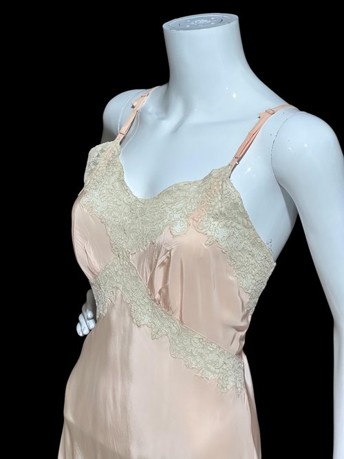 ALIDA The Richly Clad, Vintage 1930s Nightgown Slip Dress, baby pink rayon and lace sheath dress