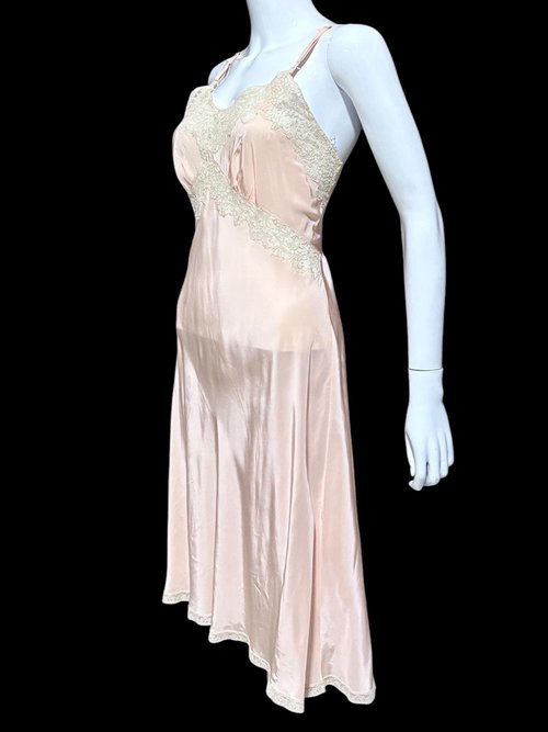 ALIDA The Richly Clad, Vintage 1930s Nightgown Slip Dress, baby pink rayon and lace sheath dress