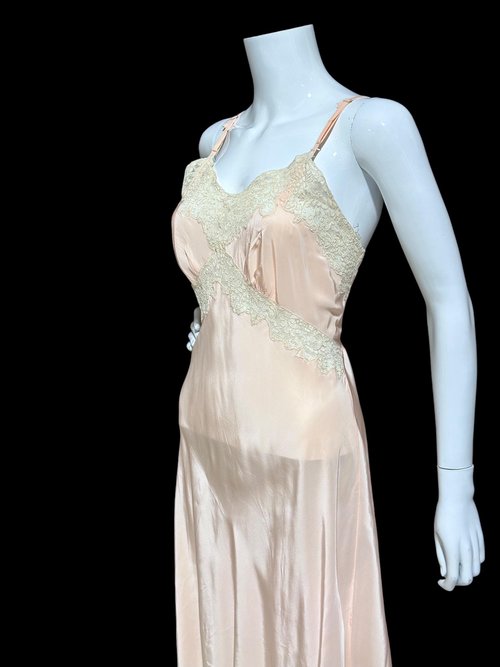 ALIDA The Richly Clad, Vintage 1930s Nightgown Slip Dress, baby pink rayon and lace sheath dress