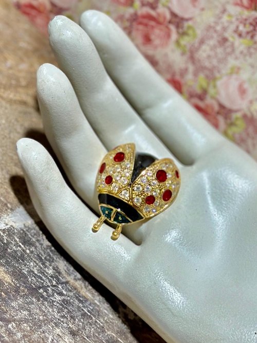 ROMAN signed Lady Bug Pin Brooch, vintage 1980s enamel rhinestone brooch, gold red green figural bug pin