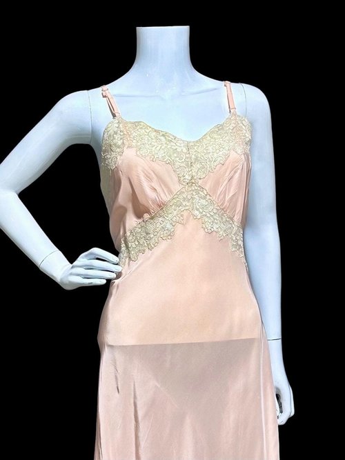 ALIDA The Richly Clad, Vintage 1930s Nightgown Slip Dress, baby pink rayon and lace sheath dress