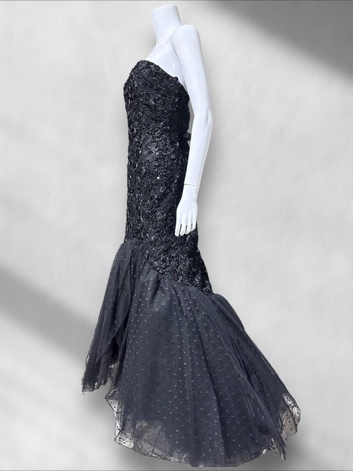 DAVID FIELDEN London, Neiman Marcus 1980s vintage evening dress, Black Mermaid gown