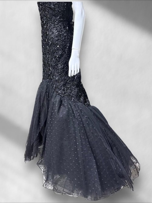 DAVID FIELDEN London, Neiman Marcus 1980s vintage evening dress, Black Mermaid gown