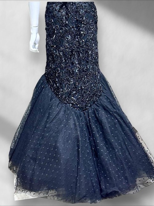 DAVID FIELDEN London, Neiman Marcus 1980s vintage evening dress, Black Mermaid gown