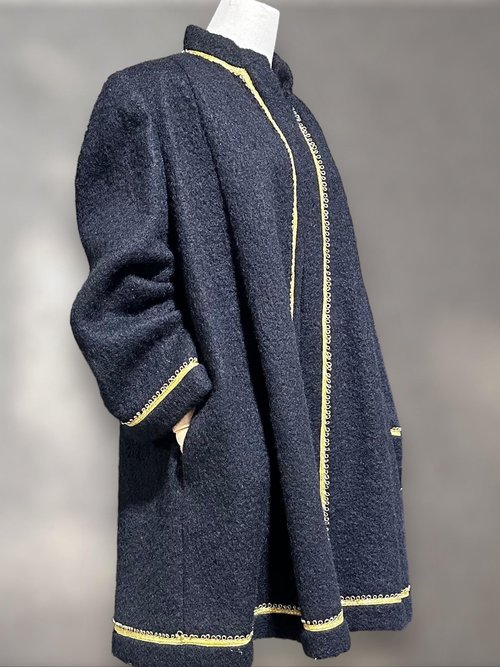 TRIGERE Coat, SAKS 5th Ave 1980s Black mohair gold metallic cord, winter swing evening coat