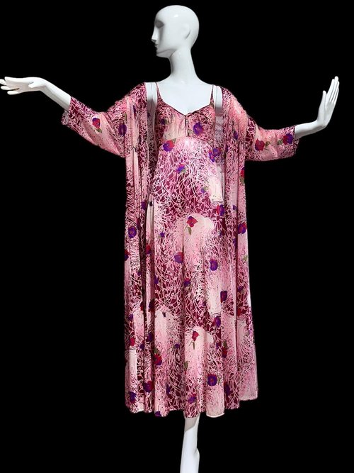 VANITY FAIR vintage nightgown robe set, 1970s Lingerie Pink floral slip dress, night gown and robe, medium