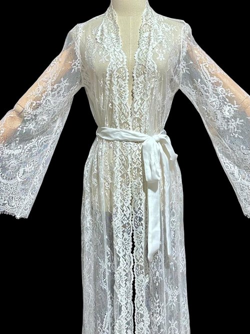 JONQUIL sheer white lace robe, see through feather weight white dressing gown, Wrap front with bell sleeves