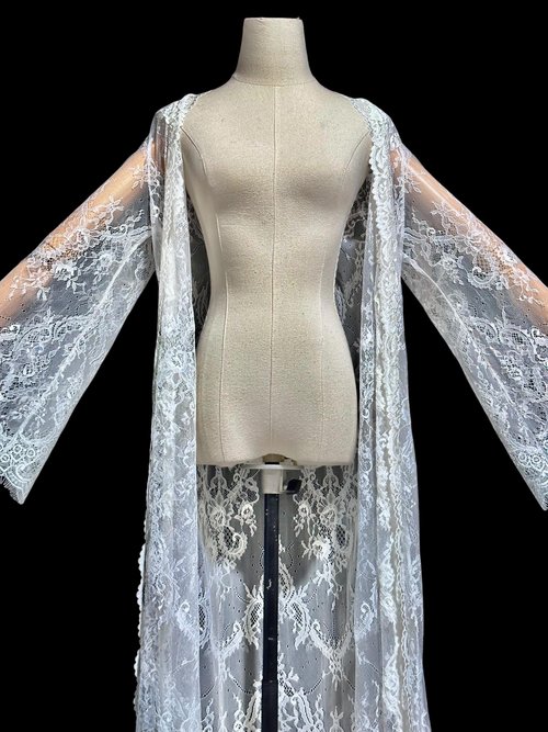 JONQUIL sheer white lace robe, see through feather weight white dressing gown, Wrap front with bell sleeves