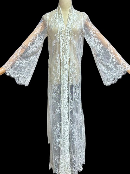 JONQUIL sheer white lace robe, see through feather weight white dressing gown, Wrap front with bell sleeves